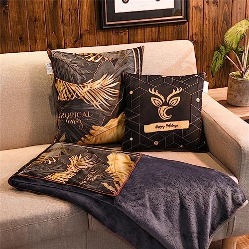 Surwin Flanelldecke Reisedecke Kissen Decke 2 in 1, Super Weich Luxuriös Flugzeugdecke, Reißverschluss Verwandlungskissen, Multifunktionale Wohndecke Sofakissen Zierkissen (150x200cm,Gold Blatt) von Surwin