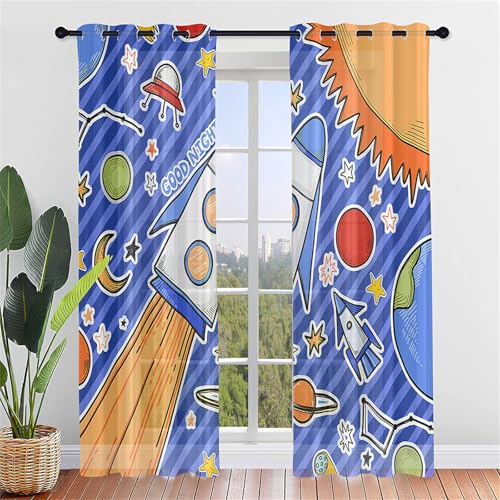 Surwin Gardinen mit Ösen, 2er Set Cartoon-Universum Vorhänge, Modern Transparent Vorhänge Wohnzimmer Polyester Gardinen Küche Fenster Wohnzimmer Schlafzimmer (132x213cm,Blau) von Surwin