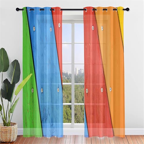 Surwin Gardinen mit Ösen, 2er Set Mehrfarbige Holzbretter Vorhänge, Modern Transparent Vorhänge Wohnzimmer Polyester Gardinen Küche Fenster Wohnzimmer Schlafzimmer (107x213cm,Bunt) von Surwin
