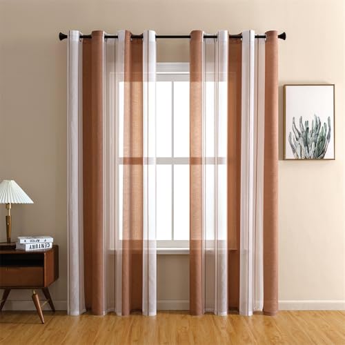 Surwin Gardinen mit Ösen, 2er Set Nordischer Zweifarbig Stil Vorhänge, Modern Transparent Vorhänge Wohnzimmer Polyester Gardinen Küche Fenster Wohnzimmer Schlafzimmer (Kaffee,140x245cm) von Surwin