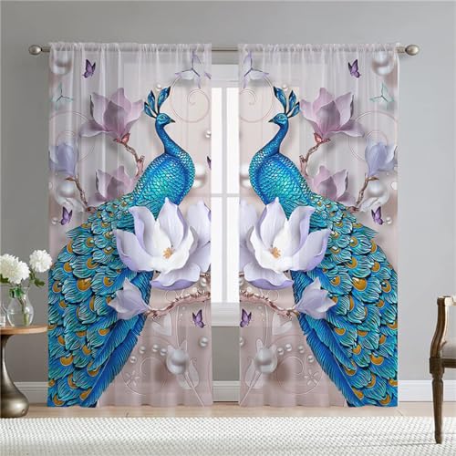 Surwin Gardinen mit Ösen, 2er Set Pfauen-Druck Vorhänge, Modern Transparent Vorhänge Wohnzimmer Polyester Gardinen Küche Fenster Wohnzimmer Schlafzimmer (W108xH215cm,Schmetterling) von Surwin