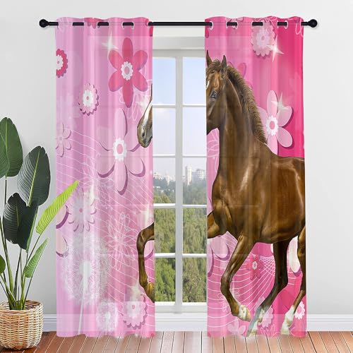 Surwin Gardinen mit Ösen, 2er Set Pferd Drucken Vorhänge, Modern Transparent Vorhänge Wohnzimmer Polyester Gardinen Küche Fenster Wohnzimmer Schlafzimmer (107x160cm,rosa Blume) von Surwin