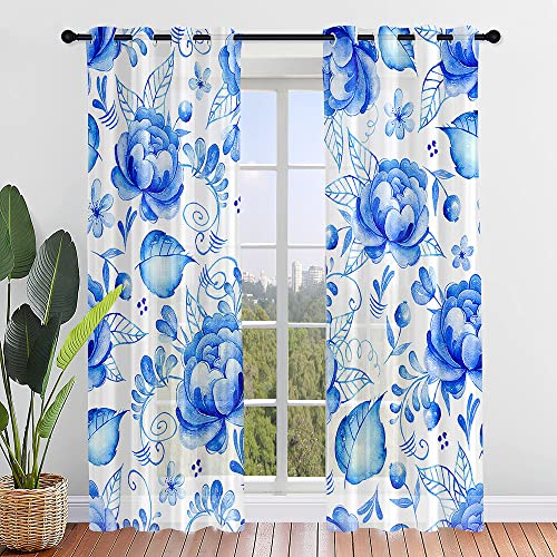 Surwin Gardinen mit Ösen, 2er Set Vorhänge, 3D-Blumen Modern Transparent Vorhänge Wohnzimmer Polyester Gardinen Küche Fenster Wohnzimmer Schlafzimmer (Blaue Rose,132x244cm) von Surwin