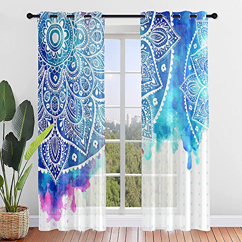 Surwin Gardinen mit Ösen, 2er Set Vorhänge, 3D-Mandala Modern Transparent Vorhänge Wohnzimmer Polyester Gardinen Küche Fenster Wohnzimmer Schlafzimmer (132x244cm,blau) von Surwin