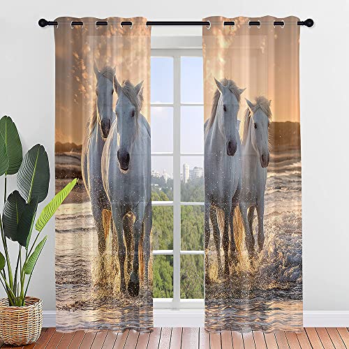 Surwin Gardinen mit Ösen, 2er Set Vorhänge, Fantasievolles Weißes Pferd Modern Transparent Vorhänge Wohnzimmer Polyester Gardinen Küche Fenster Wohnzimmer Schlafzimmer (132x213cm,H) von Surwin