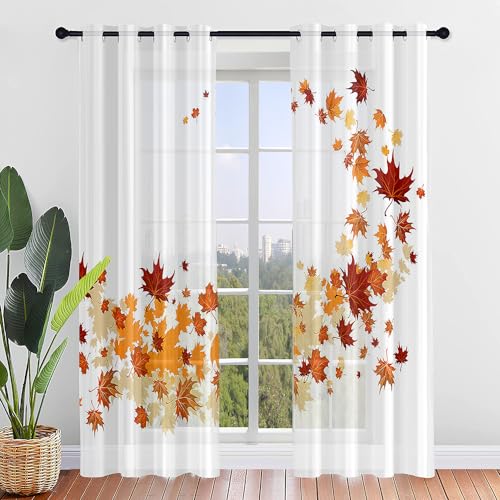 Surwin Gardinen mit Ösen, 2er Set Vorhänge, Herbst Ahornblätter Modern Transparent Vorhänge Wohnzimmer Polyester Gardinen Küche Fenster Wohnzimmer Schlafzimmer (Weiß,140x213cm) von Surwin