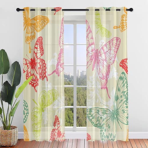Surwin Gardinen mit Ösen, 2er Set Vorhänge, Modern Transparent Vorhänge Wohnzimmer Polyester Gardinen Küche Fenster Wohnzimmer Schlafzimmer (132x160cm,gelber Schmetterling) von Surwin