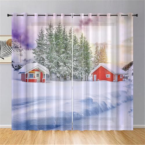 Surwin Gardinen mit Ösen, 2er Set Winterschneeflocken Vorhänge, Modern Transparent Vorhänge Wohnzimmer Polyester Gardinen Küche Fenster Wohnzimmer Schlafzimmer (140x244cm,Haus) von Surwin