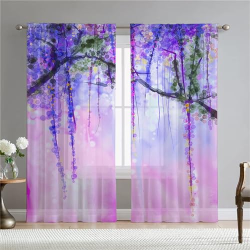 Surwin Gardinen mit Ösen, Blumenkunst 2er Set Drucken Vorhänge, Modern Transparent Vorhänge Wohnzimmer Polyester Gardinen Küche Fenster Wohnzimmer Schlafzimmer (Lila,W108xH245cm) von Surwin