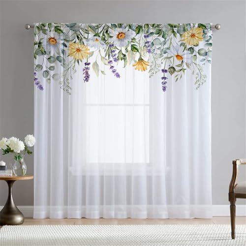 Surwin Gardinen mit Ösen, Europäischer Stil 2er Set Vorhänge, Modern Transparent Vorhänge Wohnzimmer Polyester Gardinen Küche Fenster Wohnzimmer Schlafzimmer (W108xH137cm,Gänseblümchen2) von Surwin