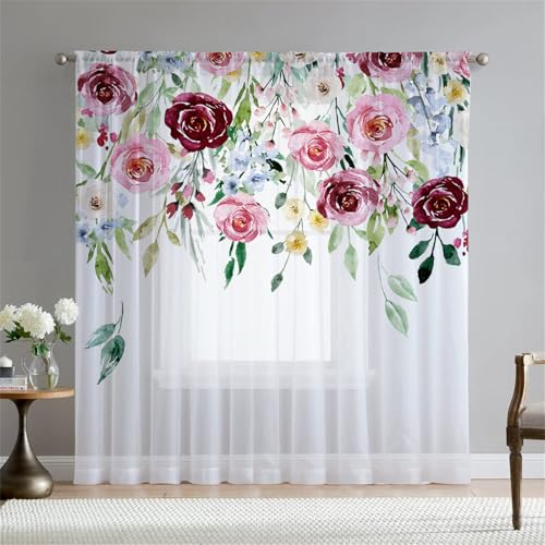 Surwin Gardinen mit Ösen, Europäischer Stil 2er Set Vorhänge, Modern Transparent Vorhänge Wohnzimmer Polyester Gardinen Küche Fenster Wohnzimmer Schlafzimmer (W108xH137cm,Rosa Rose) von Surwin