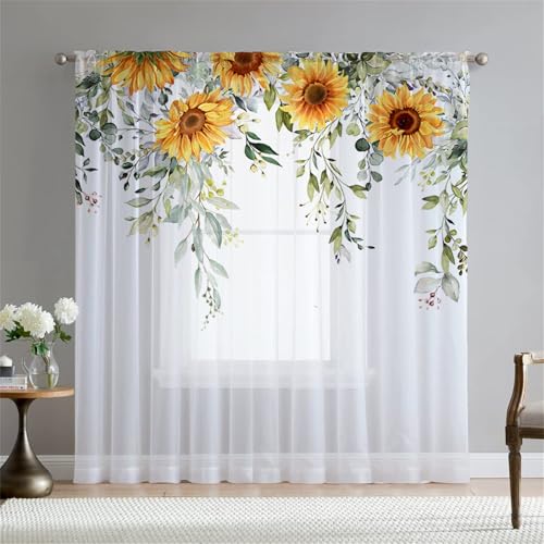 Surwin Gardinen mit Ösen, Europäischer Stil 2er Set Vorhänge, Modern Transparent Vorhänge Wohnzimmer Polyester Gardinen Küche Fenster Wohnzimmer Schlafzimmer (W132xH230cm,Sonnenblume) von Surwin