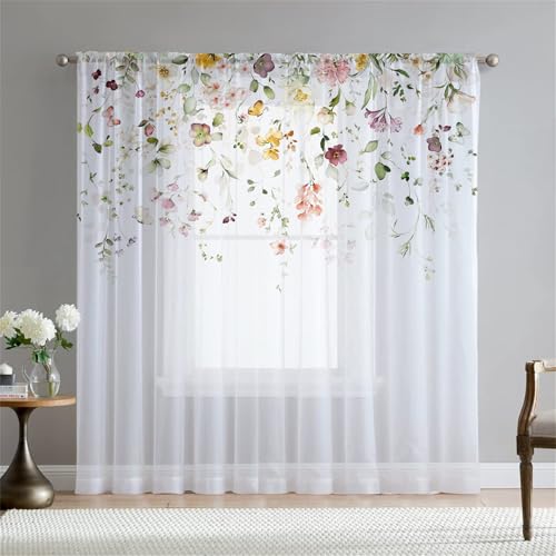Surwin Gardinen mit Ösen, Europäischer Stil 2er Set Vorhänge, Modern Transparent Vorhänge Wohnzimmer Polyester Gardinen Küche Fenster Wohnzimmer Schlafzimmer (W132xH245cm,Blumen) von Surwin