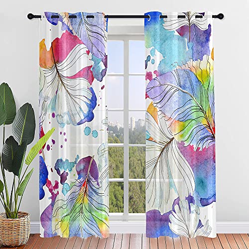 Surwin Gardinen mit Ösen, Feder Serie 2er Set Vorhänge, Modern Transparent Vorhänge Wohnzimmer Polyester Gardinen Küche Fenster Wohnzimmer Schlafzimmer (Aquarell,132x213cm) von Surwin