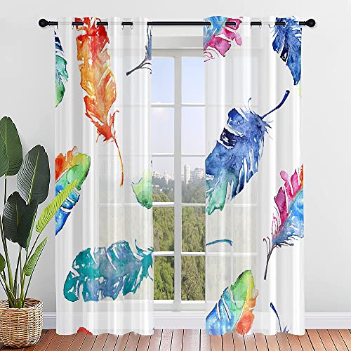 Surwin Gardinen mit Ösen, Feder Serie 2er Set Vorhänge, Modern Transparent Vorhänge Wohnzimmer Polyester Gardinen Küche Fenster Wohnzimmer Schlafzimmer (Bunt,140x244cm) von Surwin