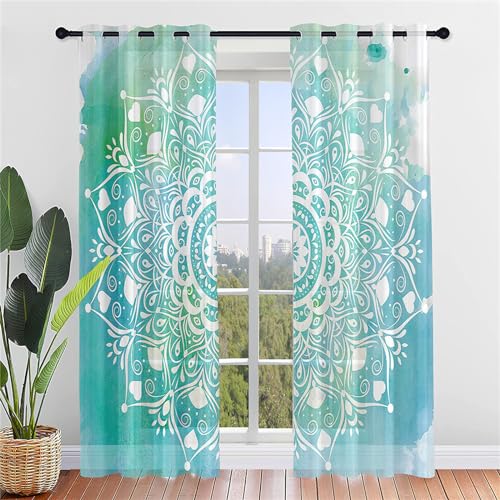 Surwin Gardinen mit Ösen, Mandala-Serie 2er Set Vorhänge, Modern Transparent Vorhänge Wohnzimmer Polyester Gardinen Küche Fenster Wohnzimmer Schlafzimmer (140x213cm,Grün) von Surwin