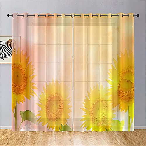 Surwin Gardinen mit Ösen, Sonnenblumen Druck 2er Set Vorhänge, Modern Transparent Vorhänge Wohnzimmer Polyester Gardinen Küche Fenster Wohnzimmer Schlafzimmer (107x160cm,Orange Gelb) von Surwin