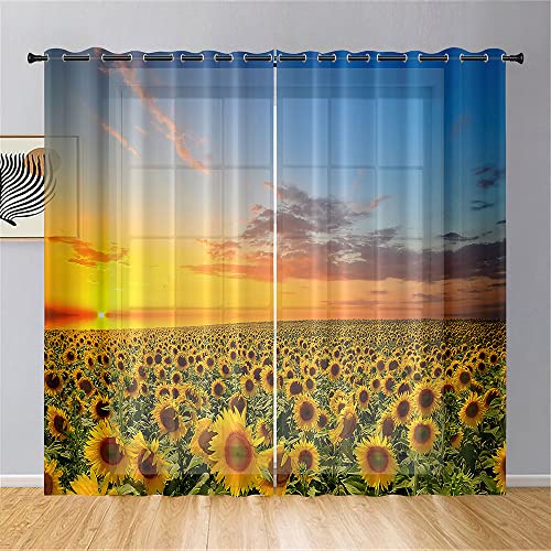 Surwin Gardinen mit Ösen, Sonnenblumen Druck 2er Set Vorhänge, Modern Transparent Vorhänge Wohnzimmer Polyester Gardinen Küche Fenster Wohnzimmer Schlafzimmer (80x115cm,Orange Sonnenblume) von Surwin