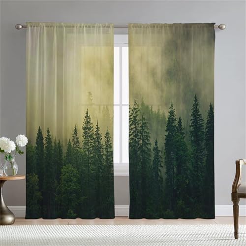 Surwin Gardinen mit Ösen, Wald Drucke 2er Set Drucken Vorhänge, Modern Transparent Vorhänge Wohnzimmer Polyester Gardinen Küche Fenster Wohnzimmer Schlafzimmer (W132xH160cm,Grün) von Surwin