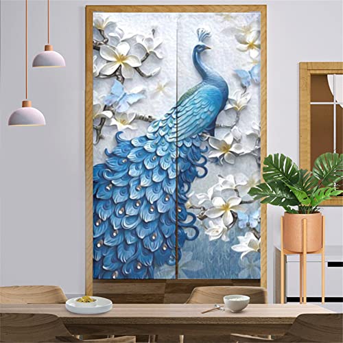 Surwin Japanischer Stil Türvorhang Japan Noren Raumteiler Tapisseri Leinen Lang Vorhänge Partition Gardinen Tür Vorhang Tapisseri für die Türdekoration (90x200cm,Blue Peacock) von Surwin