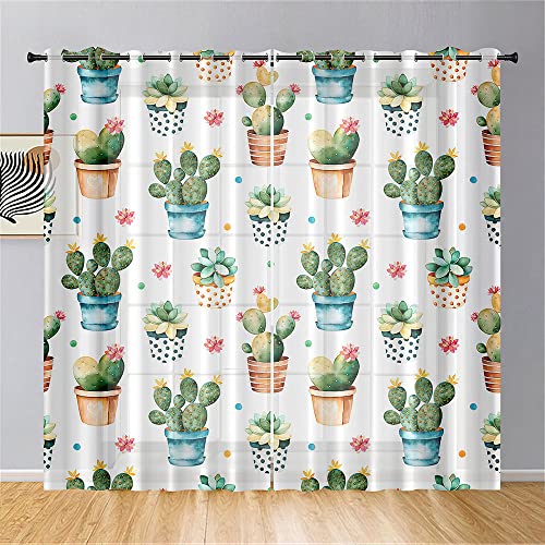 Surwin Kaktus-Druck Gardinen mit Ösen, 2er Set Drucken Vorhänge, Modern Transparent Vorhänge Wohnzimmer Polyester Gardinen Küche Fenster Wohnzimmer Schlafzimmer (132x213cm,Kaktus) von Surwin