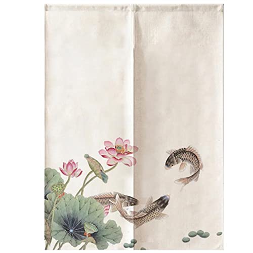 Surwin Lotus Blume Japanischer Stil Türvorhang, Japan Noren Raumteiler Tapisseri Leinen Lang Vorhänge Partition Gardinen Tür Vorhang Tapisseri für die Türdekoration (85x90cm,Koi Blatt) von Surwin