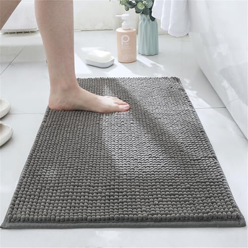 Surwin Luxuriös Chenille Badematte rutschfest Badteppich, Volltonfarbe Flauschig Badezimmermatten Weich Badezimmerteppich Saugfähig Waschbar Badvorleger Fußmatte für Badezimmer (Grau,50x80cm) von Surwin