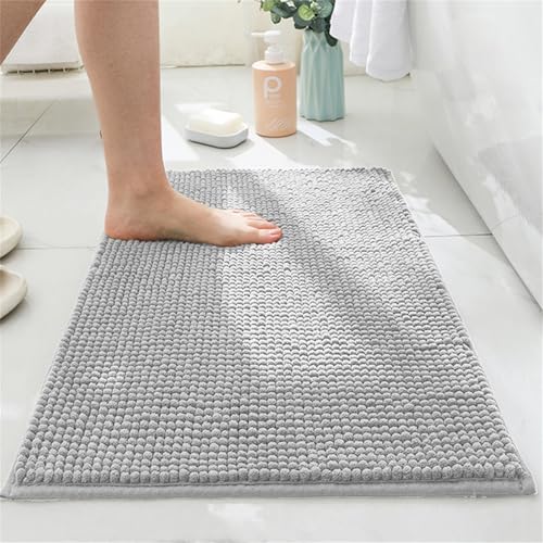 Surwin Luxuriös Chenille Badematte rutschfest Badteppich, Volltonfarbe Flauschig Badezimmermatten Weich Badezimmerteppich Saugfähig Waschbar Badvorleger Fußmatte für Badezimmer (Hellgrau,40x60cm) von Surwin