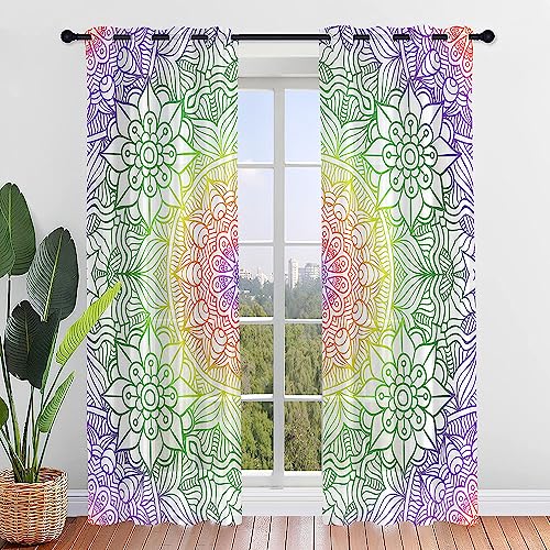 Surwin Mandala Gardinen mit Ösen, 2er Set Vorhänge, Modern Transparent Vorhänge Wohnzimmer Polyester Gardinen Küche Fenster Wohnzimmer Schlafzimmer (55x95cm,Gelb grün) von Surwin