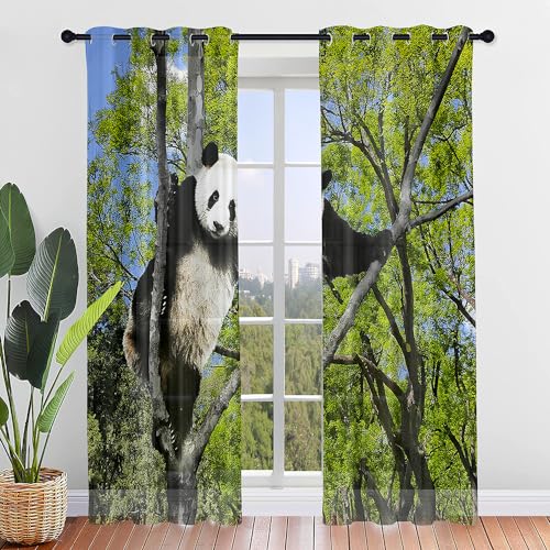Surwin Panda Gardinen mit Ösen, 2er Set Vorhänge, Modern Transparent Vorhänge Wohnzimmer Polyester Gardinen Küche Fenster Wohnzimmer Schlafzimmer (132x160cm,Panda auf Baum) von Surwin
