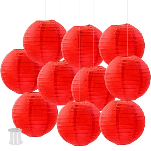 Surwin Papierlaterne Set of 10, Hochzeitsdeko Party Deko Lampions, Rund Papierlampe Hängend Papierlaternen lampions Bunt Halloween Thanksgiving Christmas (10cm,Rot) von Surwin