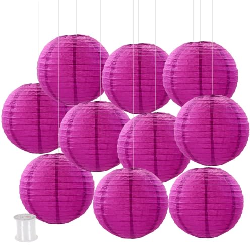 Surwin Papierlaterne Set of 10, Hochzeitsdeko Party Deko Lampions, Rund Papierlampe Hängend Papierlaternen lampions Bunt Halloween Thanksgiving Christmas (15cm,Fuchsie) von Surwin