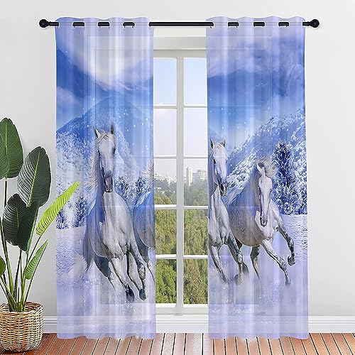 Surwin Pferd Gardinen mit Ösen, 2er Set Vorhänge, Modern Transparent Vorhänge Wohnzimmer Polyester Gardinen Küche Fenster Wohnzimmer Schlafzimmer (Laufen,80x115cm) von Surwin