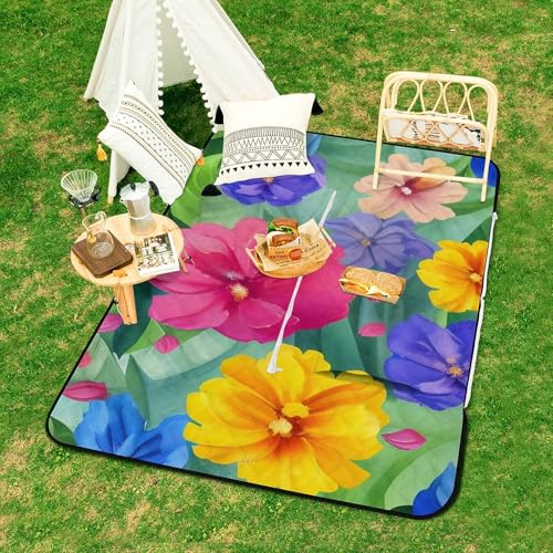 Surwin Picknickdecke Wasserdicht Waschbar, 3D Floral Muster Stranddecke Sandfrei Campingdecke Outdoor Oxford Stoff Strandmatte 2 in 1, 150x100cm Strandunterlage (Bunt Blumen) von Surwin
