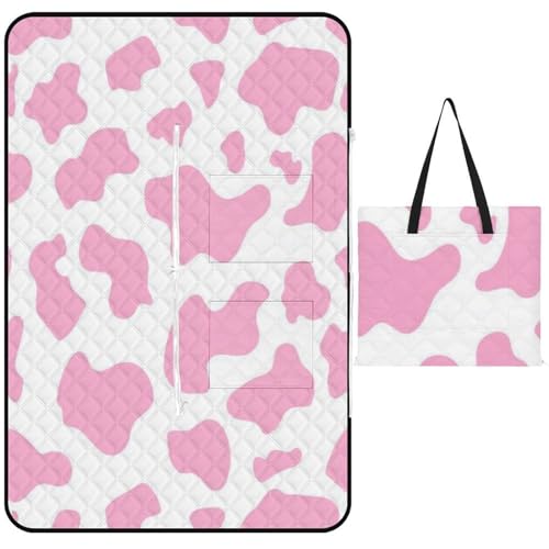 Surwin Picknickdecke Wasserdicht Waschbar, Kuh Drucken 3D Muster Stranddecke Sandfrei Campingdecke Outdoor Oxford Stoff Strandmatte 2 in 1, 150x100cm Tragbare Strandunterlage (Rosa) von Surwin