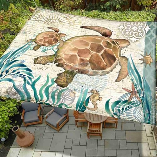 Surwin Rechteckig Sonnensegel, Sonnensegel Wasserdicht-ohne Bohren, Meeresszenerie Druck Balkon Sonnenschutz UV Schutz, für Outdoor Garten Terrasse Camping (Schildkröte,180x180cm) von Surwin