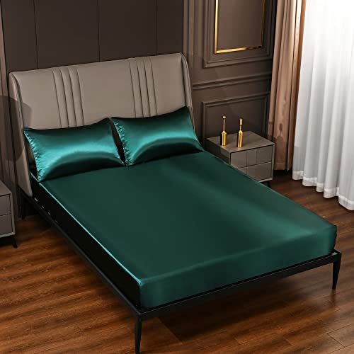 Surwin Satin Seide Spannbettlaken Spannbetttuch Boxspringbett, Weiche Einfarbig Matratzenbezug Steghöhe bis 36/40 cm,mit Elastischem Gummiband für Einzelbett Doppelbett (100x190x36cm,Schwarzgrün) von Surwin