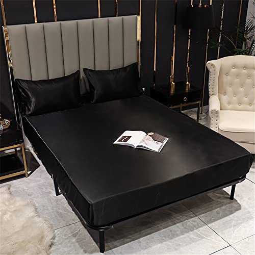 Surwin Satin Seide Spannbettlaken Spannbetttuch Boxspringbett, Weiche Einfarbig Matratzenbezug Steghöhe bis 36/40 cm,mit Elastischem Gummiband für Einzelbett Doppelbett (180x200x40cm,Schwarz) von Surwin