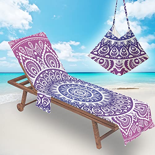 Surwin Schonbezug Für Gartenliege Mandalas Strandliegenauflage Frottee Liegenauflage Stuhl Strandtuch Sun Lounger Bezug mit Tasche Sporthandtuch für Strand Schwimmen (Lila Blumen,75x210cm) von Surwin