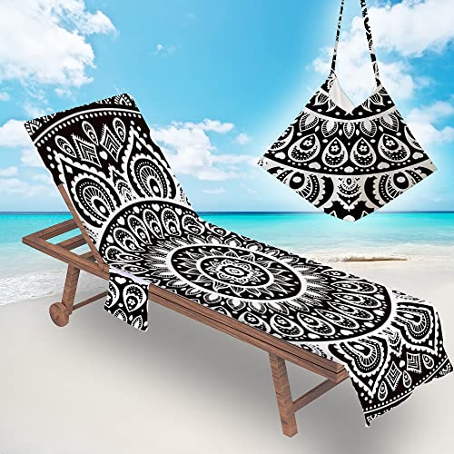 Surwin Schonbezug Für Gartenliege Mandalas Strandliegenauflage Frottee Liegenauflage Stuhl Strandtuch Sun Lounger Bezug mit Tasche Sporthandtuch für Strand Schwimmen (Schwarz,75x210cm) von Surwin