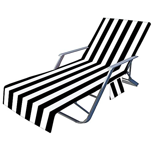 Surwin Schonbezug Für Gartenliege Streifen Strandliegenauflage Frottee Liegenauflage Stuhl Strandtuch Sun Lounger Bezug mit Tasche Sporthandtuch für Strand Garten Schwimmen (75x210cm,Schwarz) von Surwin