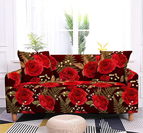 Surwin Sofabezug Sofa Überwürfe 1 2 3 4 Sitzer, 3D Rose Elastische Stretch Universal Sofahusse Sofa Abdeckung Schonbezug Couchbezug für Armlehnen Sofa (Rot,2 Sitzer) von Surwin