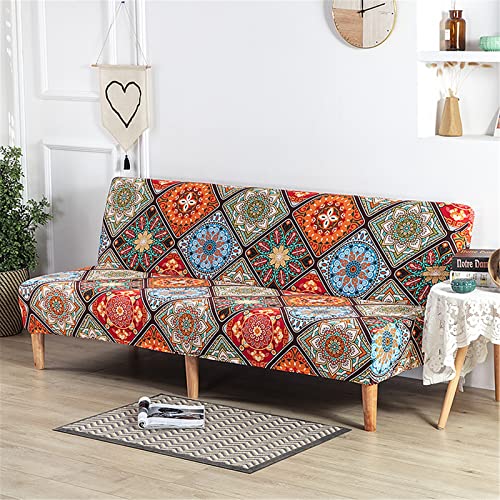 Surwin Sofabezug ohne Armlehnen Stretch Armlose Sofabettüberzug Antirutsch Clic Clac Sofahusse Schonbezug Protector für Klappcouch Schlafsofa mit 2-3 Sitzplätzen (Orange Mandala,3 Sitzer) von Surwin