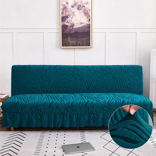 Surwin Sofabezug ohne Armlehnen Stretch Armlose Sofauberwurf Sofabettüberzug Clic Clac Jacquard Plüsch Wellen Sofahusse Schonbezug Protector mit Rock für Klappcouch Schlafsofa (3 Sitzer,Türkis) von Surwin