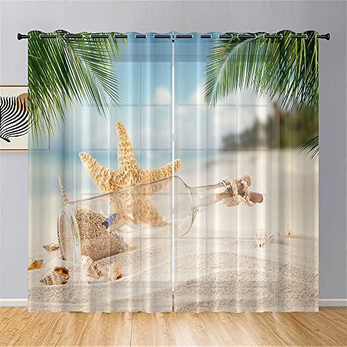 Surwin Sommer Strand Druck Gardinen mit Ösen, 2 Stück Vorhänge, Modern Transparent Vorhänge Wohnzimmer Polyester Gardinen Küche Fenster Wohnzimmer Schlafzimmer (Seestern,140x160cm) von Surwin