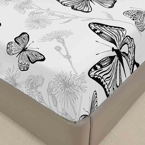 Surwin Spannbettlaken, Schmetterlingsdruck Elastisch Spannbettlaken, Knitterfrei Atmungsaktiv Spannbetttücher, Pflegeleicht Bettlaken 30cm, Mikrofaser Spannbetttuch (Weiß 2,90x200cm) von Surwin