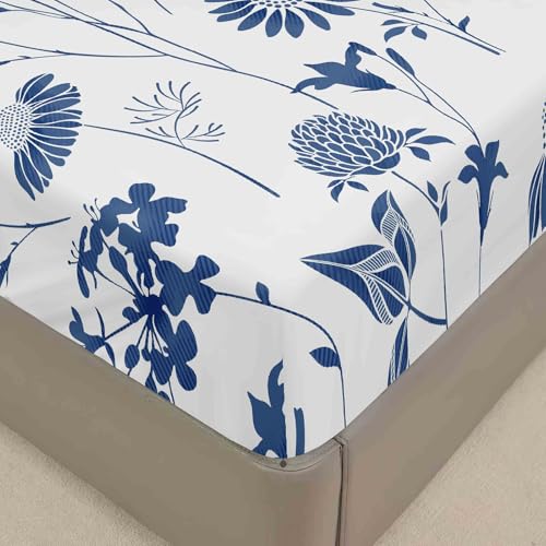 Surwin Spannbettlaken 160x200cm, Elegant Blumen Elastisch Bettlaken, Weiche Spannbetttuch Mikrofaser Spannleintuch, 30cm Steghöhe, Weiß Blaue Blumen Motiv Surwin Spannbettlaken 160x200cm, Elegant Blumen Elastisch Bettlaken, Weiche Spannbetttuch Mikrofaser Spannleintuch, 30cm Steghöhe, Weiß Blaue Blumen Motiv von Surwin