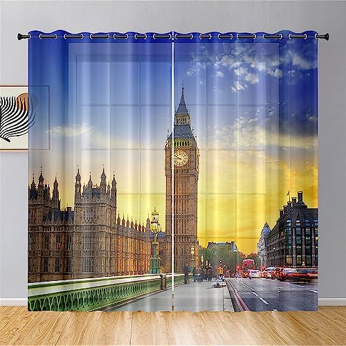 Surwin Stadtlandschaft Gardinen mit Ösen,2er Set Drucken Vorhänge,Modern Transparent Vorhänge Wohnzimmer Polyester Gardinen Küche Fenster Wohnzimmer Schlafzimmer (Big Ben 2,80x115cm) von Surwin