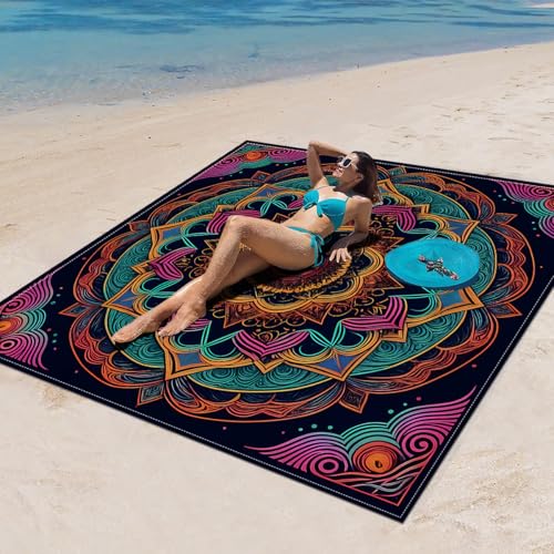 Surwin Stranddecke Sandfrei Wasserdicht, XXL Groß Strandmatte Faltbar Ultraleicht und Tragbar Picknickdecke für Strand, Camping, Outdoor (150x150cm,Mandala B) von Surwin