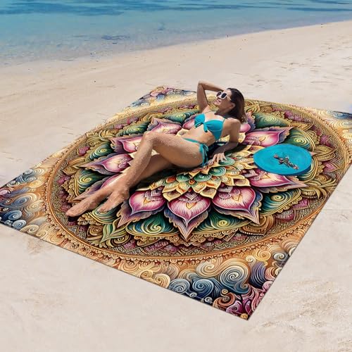 Surwin Stranddecke Sandfrei Wasserdicht, XXL Groß Strandmatte Faltbar Ultraleicht und Tragbar Picknickdecke für Strand, Camping, Outdoor (150x150cm,Mandala-Druck 5) von Surwin